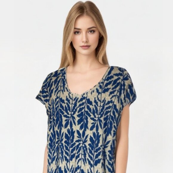 Rachel Zoe Tops - Rachel Zoe 100% Linen Women's Blue Leaf Print Cap Sleeve Top Size Med
